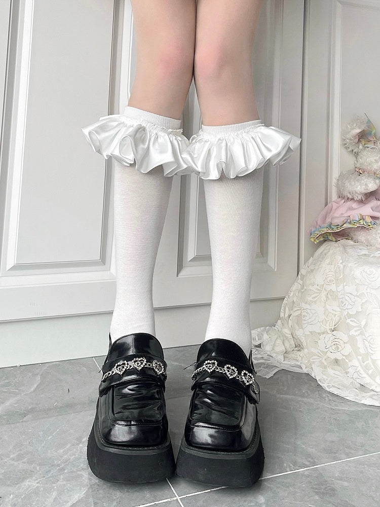 Black/White Satin Ruffled Trim Calf Socks