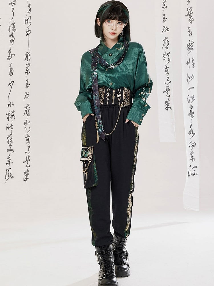 Style Embroidery Cheongsam Black Pants Cargo