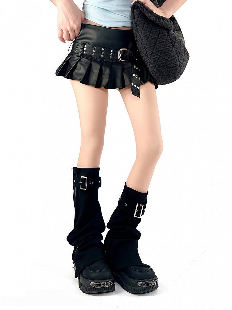 Punk Buckle Black with Zipper-Design Leg Warmers Straps