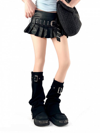 Punk Buckle Black with Zipper-Design Leg Warmers Straps