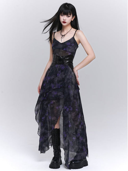 Black & Purple Floral Asymmetrical Hem Glamorous Cami Dress