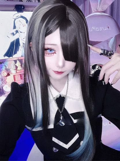 カラーブラウン 60CM 前髪ストレートオンブレブルーヘア ウィッグ付き 長さ