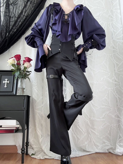 Lilac Lace-Up Ruffle Shirt with Black Flower Chains - Shi Zhi Mao