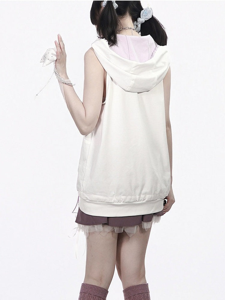 Chic White Sleeveless Hoodie with Purple Tube Top Set