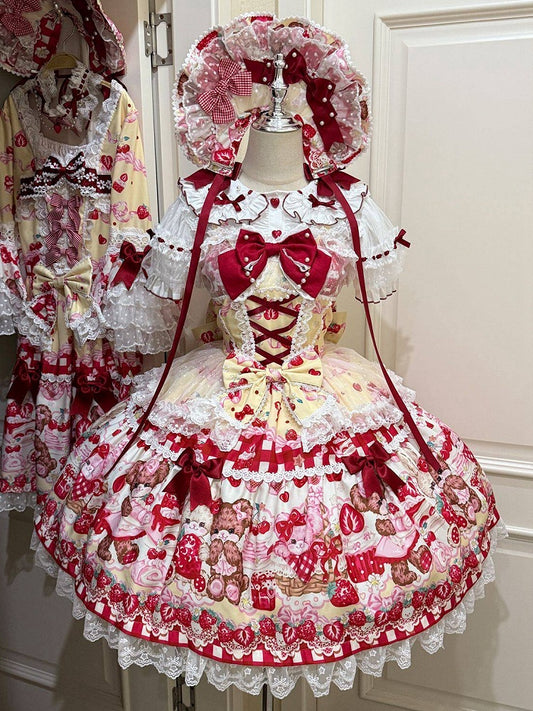 Teddy and Strawberry Print Yellow Sweet Lolita JSK Dress with Lace Trims and Bow Accents - Miss Han