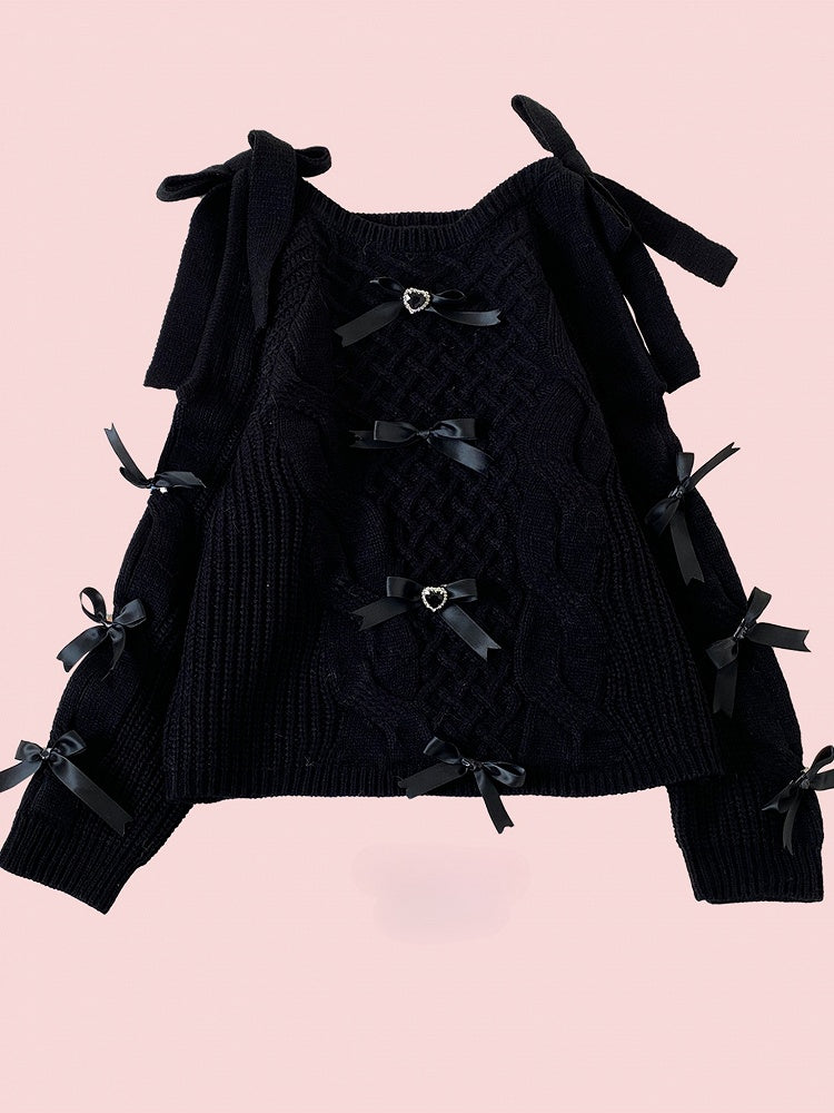 Blue Bow Accents Cutout Shoulder Landmine Style Sweater