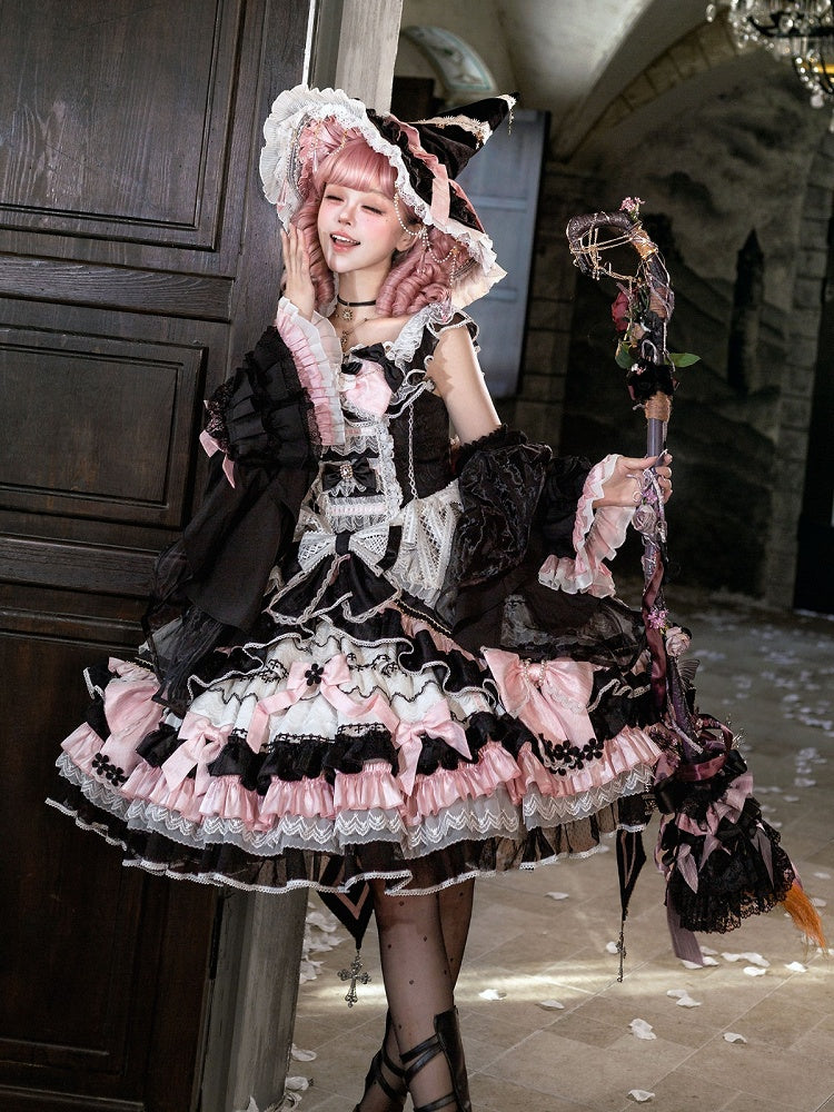 Witch-Themed Cross Accent Lolita JSK Full Ensemble in Black and Pink with Bow Train, Cape, Detachable Sleeves, Hat and Outer Sleeves - Felinae Cookie