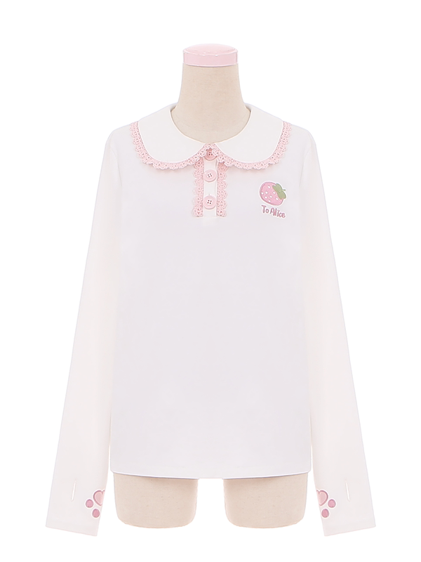 Strawberry and Cute Claws Beige Peter Pan Collar Long Sleeves Top