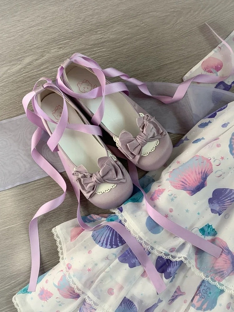 Scalloped Trim Design, Bow at Top & Removable Buckle Ankle Strap Satin Dusty Purple Low-heel Mary Janes in Sweet Lolita