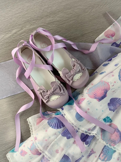 Scalloped Trim Design, Bow at Top & Removable Buckle Ankle Strap Satin Dusty Purple Low-heel Mary Janes in Sweet Lolita
