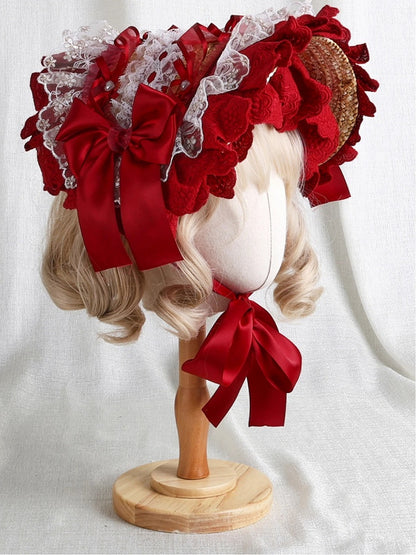 Lace Red Gold Bow Trim Bonnet Satin