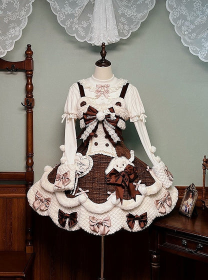 Applikationen Süßes Plüsch Herzchen und Akzente mit Braunen Details Schleife Kleid Lolita Weiß