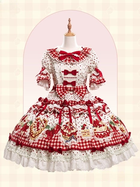 Puff Ruffle Sweet Dress Strawberry Lolita White Sleeves with Hem Red Cake Print