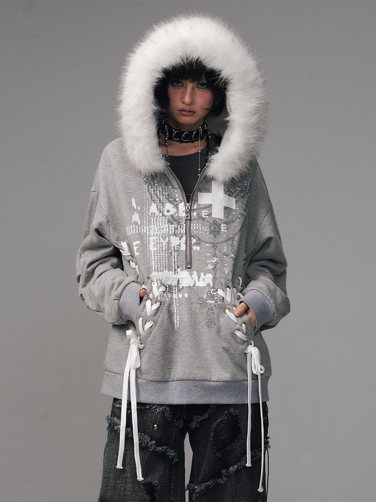 Print Gray Top Decorated Lace-up Floral -