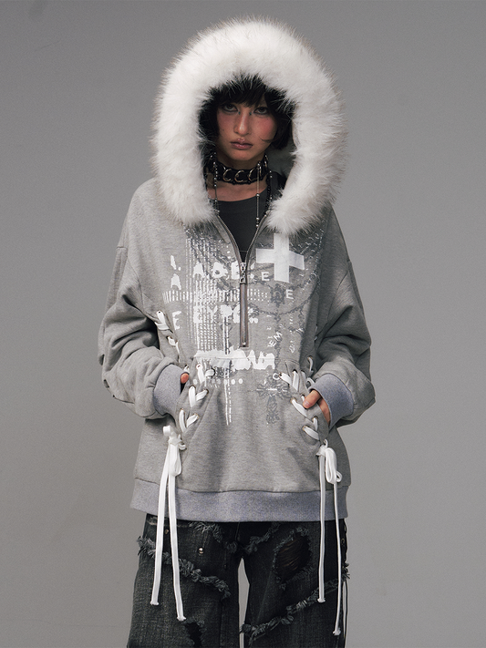 Print Gray Top Decorated Lace-up Floral -