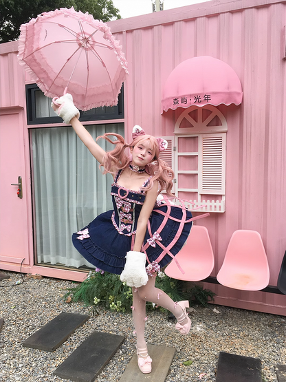 Cat Paw Applique Pink Plaid Choker with Big Bow Back