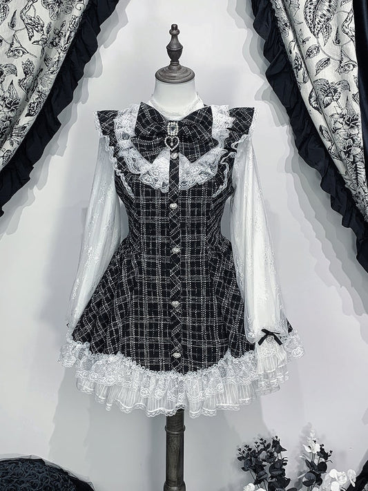 Shorts Jirai Trim Dress Matching Plaid Bow Black + Set White Rhinestone Kei Lace Long Sleeve