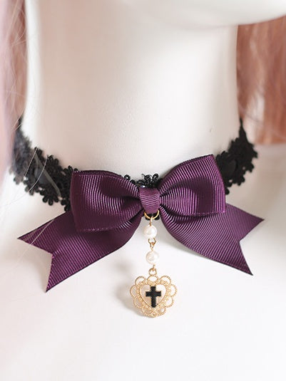 and Lolita Pendant Bowknot Black Gothic Choker With Purple Cross Lace Heart-Shaped