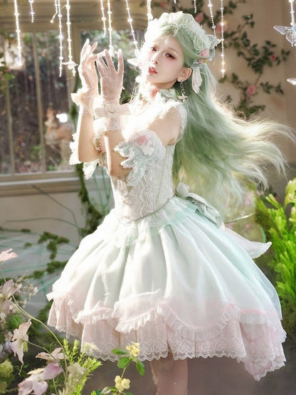 Set Green KC Sleeves Choker Lolita Full Skirt Bow Corset Top Detachable Decorated and Sweet Lace +