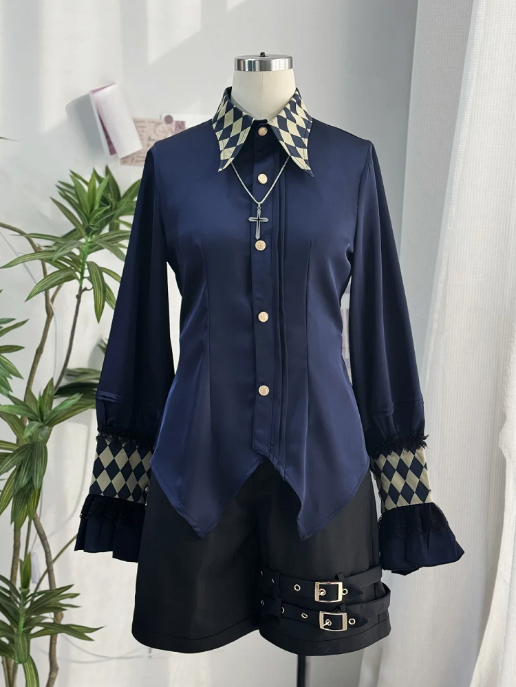 カフス ロリータ スリーブ ロイヤルブルー サーカス プリント カラー 王子 ロング バイブス シャツ チェッカーボード