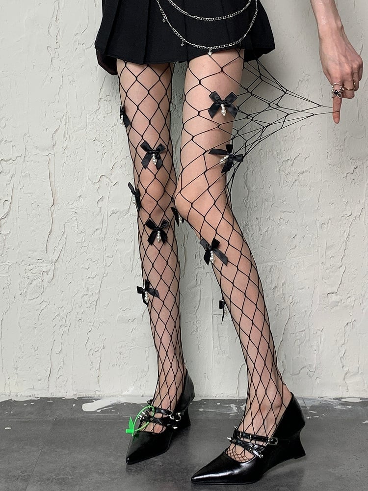 Charm Strumpfhose mit Schleife und Netzdetails, Schwarz, Y2K, Perlen