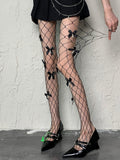 Charm Strumpfhose mit Schleife und Netzdetails, Schwarz, Y2K, Perlen