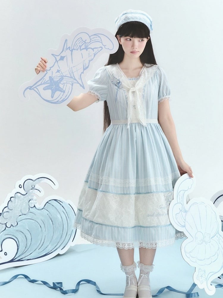 Blue Striped Lace OP with Bow Tie - Liz Bird