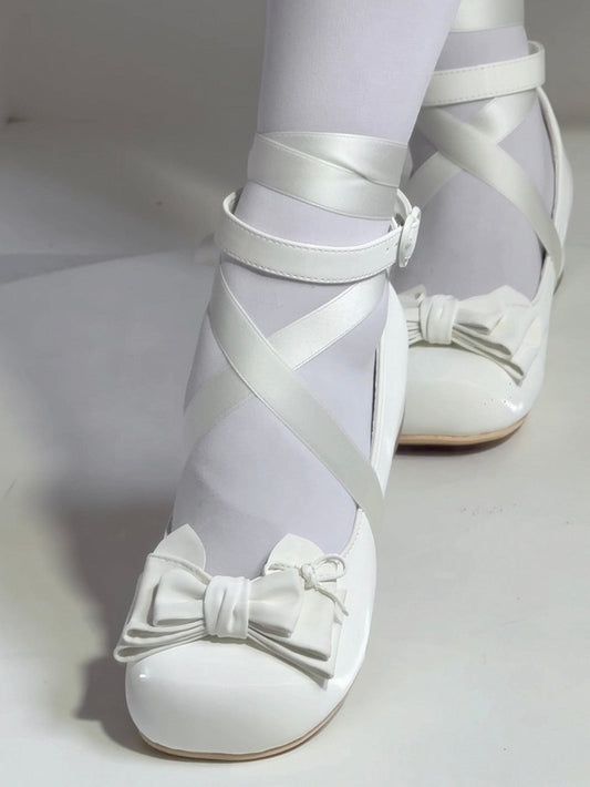 Delicate with Detachable Low-heel Buckle Strap Accents Mary Janes White Bow Ankle - Lolita Sweet Scalloping