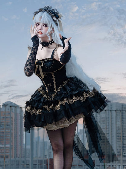 Fabric with Black Jacquard Boned Big Dress Train Balletcore Basque Bow Hime Lolita Waist