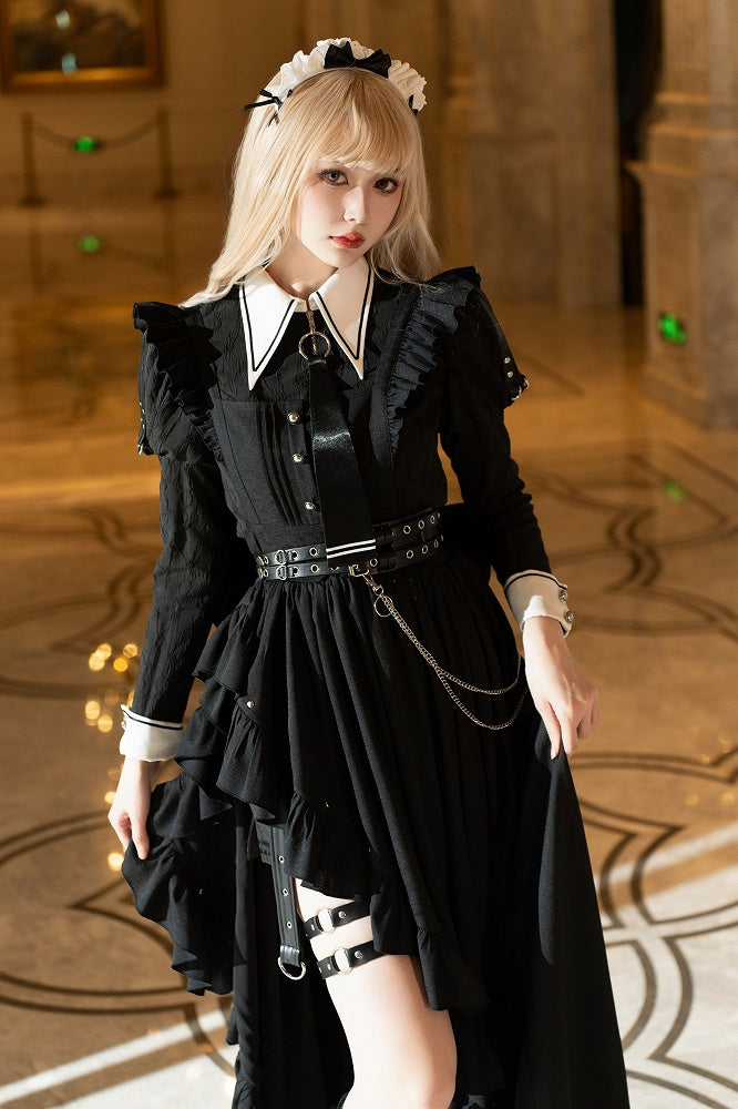 Ruffled High-Slit Black Apron Dress for Dark Maid Ouji - DevilInspired Exclusive Collection