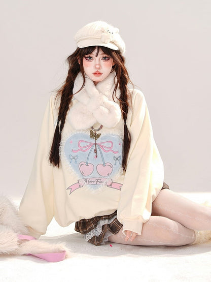 Aprikosenfarbenes, lockeres Sweatshirt mit Spitzenbesatz und Herzapplikation