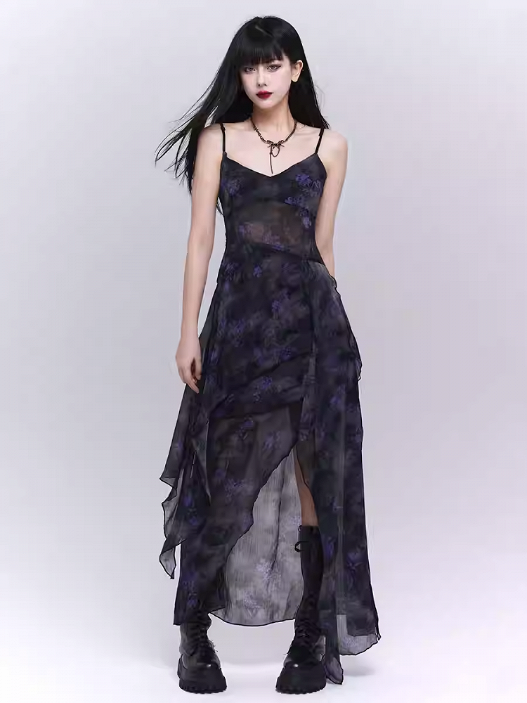 Black & Purple Floral Asymmetrical Hem Glamorous Cami Dress