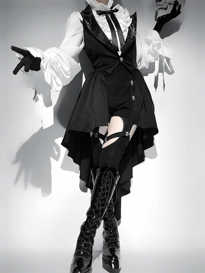 ネックラインロングボウシャツ ハイセルフタイ ホワイト フリルスリーブ