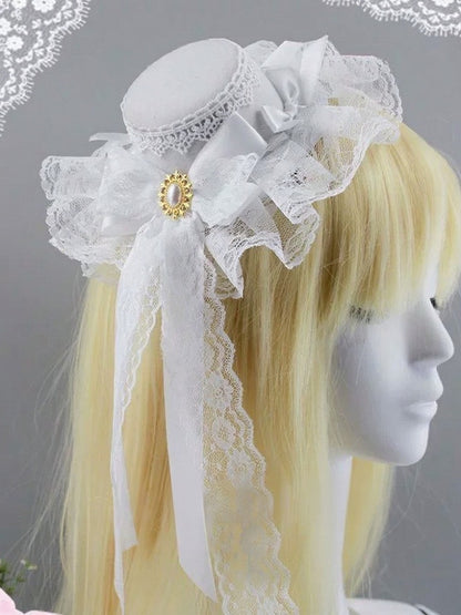 White and Black Gothic Mini Hat with Lace and Bow - Post-2000 Gift Shop