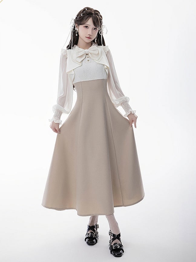 Aesthetic Faux Elegant Clean Design Apricot/Black Two-Piece Maxi Pure Jirai Dress: Kei with