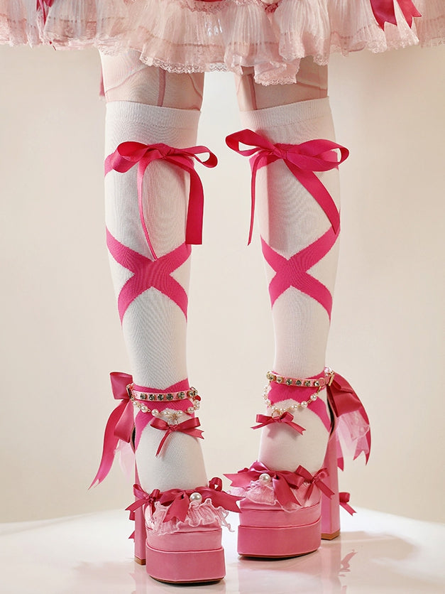 Pink Bows Rhinestone Ankle Strap Block Heel Lolita Shoes with Beaded Chains