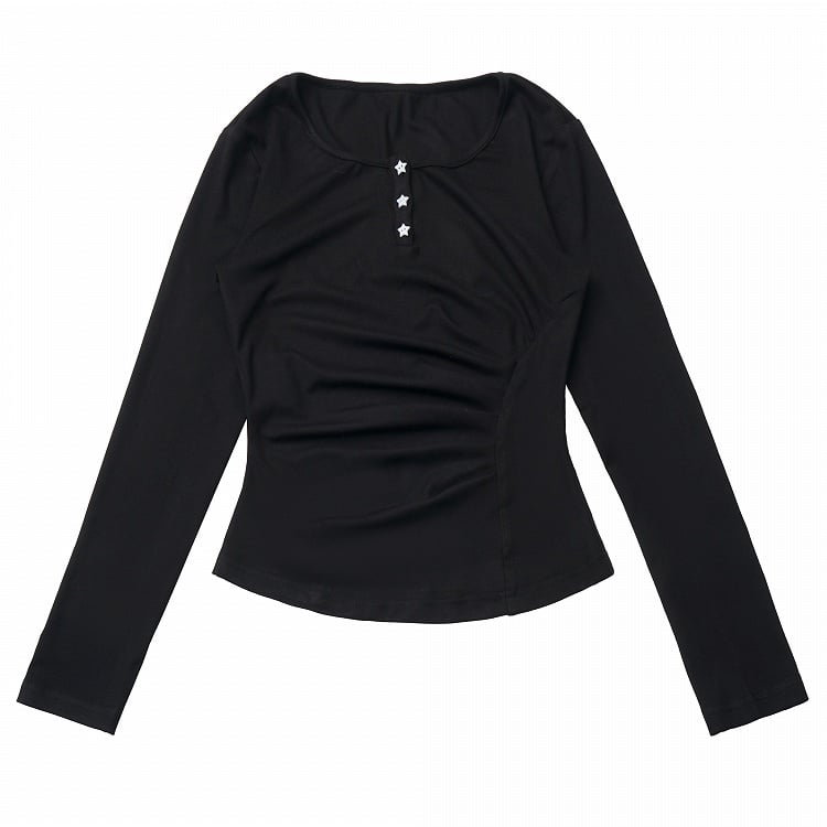 Button Sleeve Black/Gray Top Waist Long Ruched Partial Placket with Star
