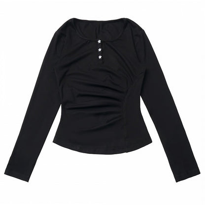 Button Sleeve Black/Gray Top Waist Long Ruched Partial Placket with Star