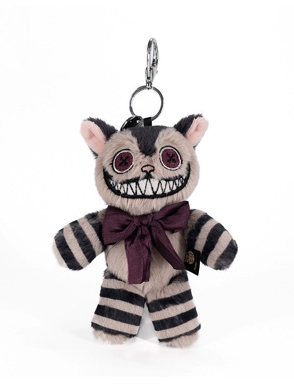 with Cheshire Keychain Decorative Cat - Bow Plush Striped Brown Gray