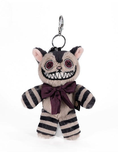 with Cheshire Keychain Decorative Cat - Bow Plush Striped Brown Gray