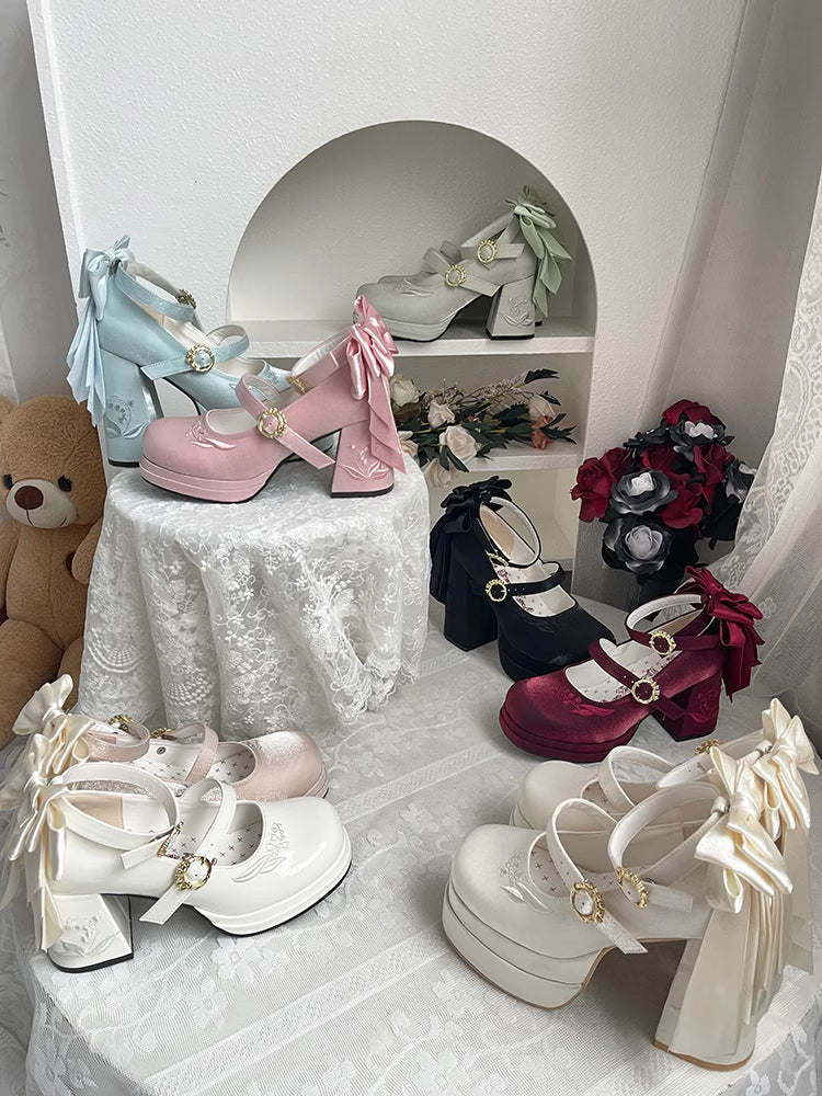 Janes Abnehmbare Lily Valley Middle Heels Mary Bowknot der Stickerei die Schwarz