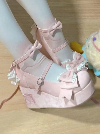 - Lace Layered Pink Back Satin Lolita Sweet Shoes Platform