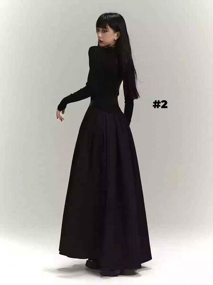 Gothic Black Backless/Covered-Back Round Neck Slim-fitting Dress