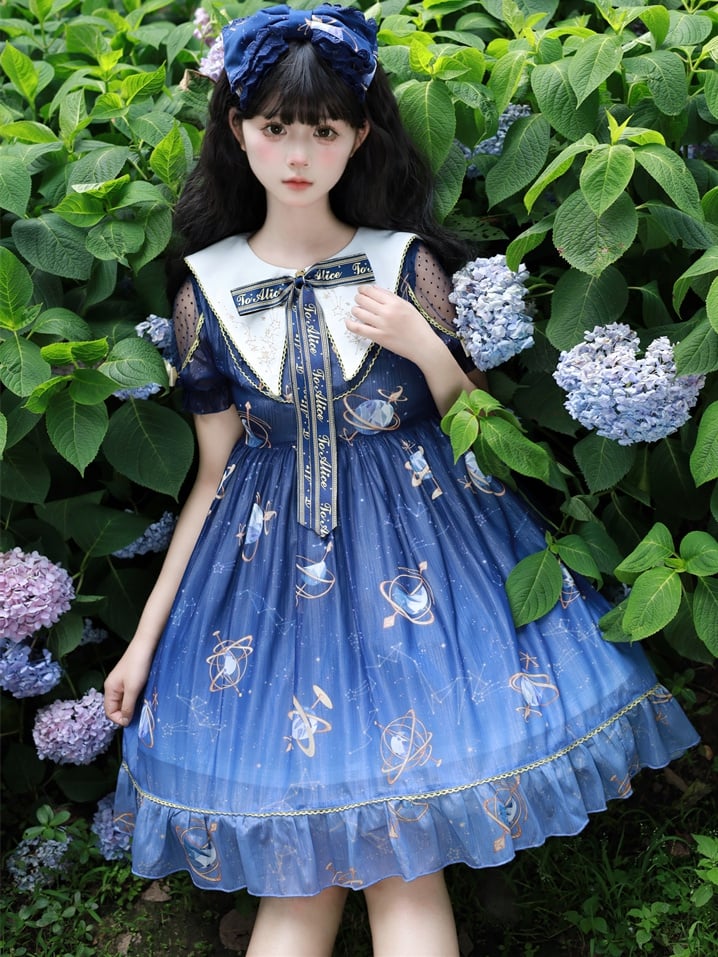 Navy Blue Celestial Globe & Starry Bow Accents Flounce Hem Lolita Dress