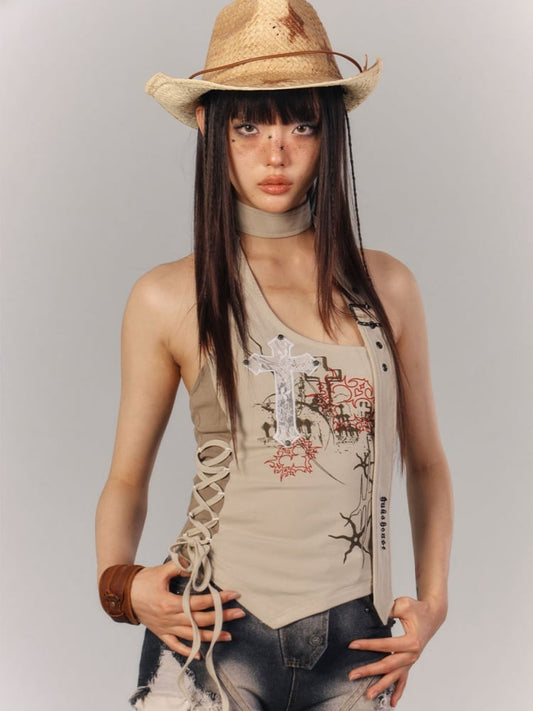 クロスアップリケ アプリコット ホルターネック トップ