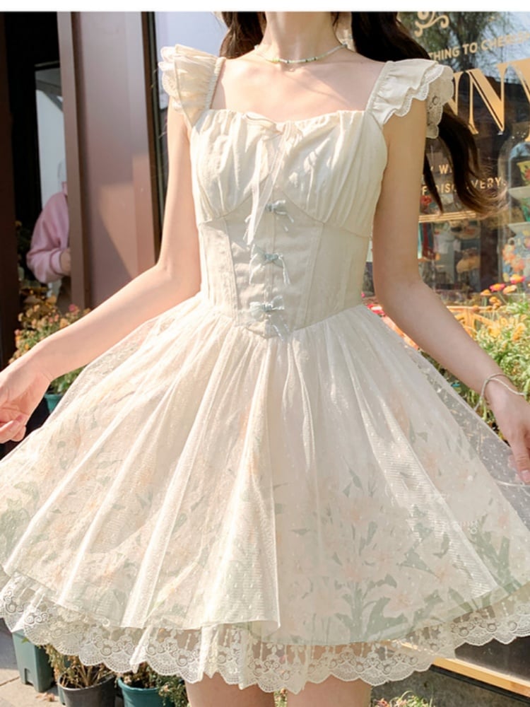 with Mesh Overlay Lily Print Dress Beige Flutter Sleeves Basque Waist