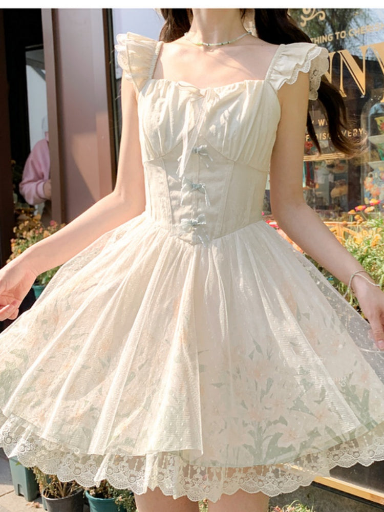 Overlay Mesh Beige Flatterärmel Basken-Taille mit Lilien-Print-Kleid