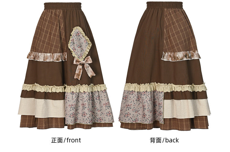 Brown Mori Kei High Waist Patchwork Skirt Lace Trim