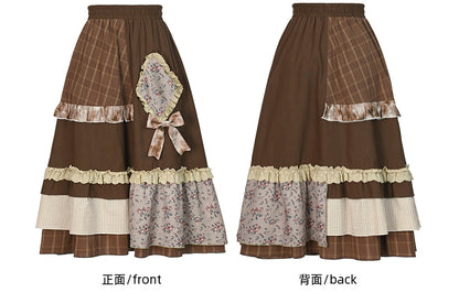 Brown Mori Kei High Waist Patchwork Skirt Lace Trim