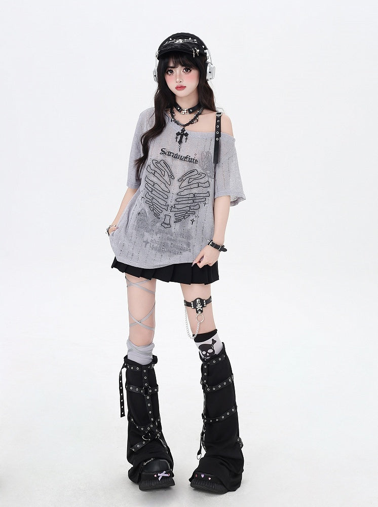 Y2K アシンメトリーネックライン スケルトン ハートプリント ブラック/グレー/ホワイト Tシャツ